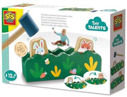 SES Creative 13145 Holzhammerbank - Lehrspielzeug für Kinder ab 12 Monaten - Schlage mit dem Hammer, um Tiere aufspringen zu Lassen - Perfekt für interaktives Spielen