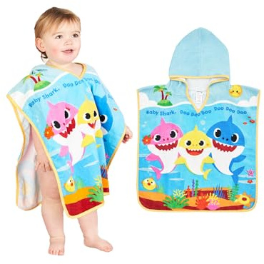 Baby Shark Poncho Towel 100% Cotton Terry 12M+ Super Absorbent Machine Washable 50 x 50cm Unisex Baby Bath Beach Swimming Towel for Children with Hood
