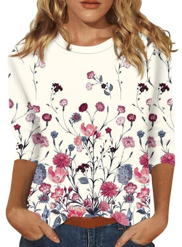 Tee Shirt Femme Manche 3/4 Coton Basiques Tee Shirt Ete Grande Taille Col Rond Vetement Femme Ete T Shirt Été Imprimé Haut Oversize Tops Mes Commandes(Beige,L)