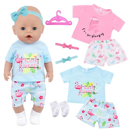 Puppenkleidung für 35-45cm Babypuppen, 2 Set Baby Puppen Pyjama Kleidung Tierthema, 14-18 Zoll, Rosa Dinosaurier Puppen Outfit für Jungen Mädchen Geschenk
