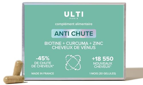 ULTI Paris - Gélules Anti-chute Cheveux, Complexe Naturel avec du curcuma, biotine, Saw Palmetto, Curcuma et cheveux de vénus/Fabriqué en France