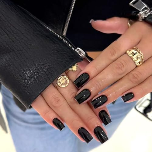 Viugex 24 Piezas Uñas Postizas Cortas Cuadradas, Negro Reutilizables Uñas Falsas de Cubierta Completa, Color Sólido Adhesivas Press on Nails, Gel Uñas Artificiales para Mujeres Manicura Decoración