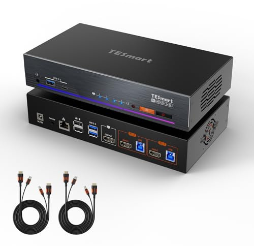 TESmart 8K@60Hz HDMI KVM Switch 2 Computers 1 Monitor, USB 3.0 HDMI KVM Switch 2 Ports 4K@144Hz, Gigabit Network, EDID, Hotkey/Mouse Wheel/Button/IR Remote Switch, Audio & Mic with All Input Cables