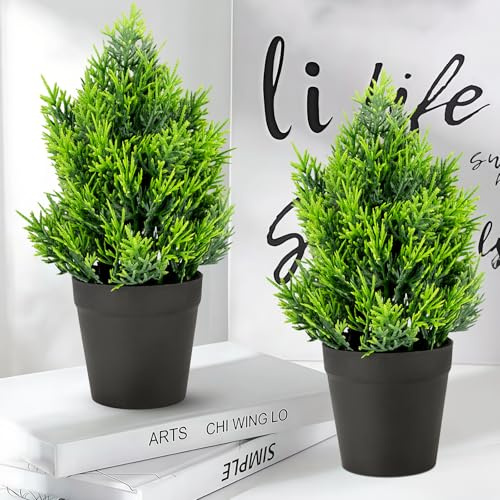 Künstlicher Zypressen-Formschnitt, 26,9 cm, realistische kleine künstliche Topfpflanzen für drinnen und draußen, Weihnachtsdekoration, haustierfreundlich, künstliche Zedernsträucher im Topf (immergrün