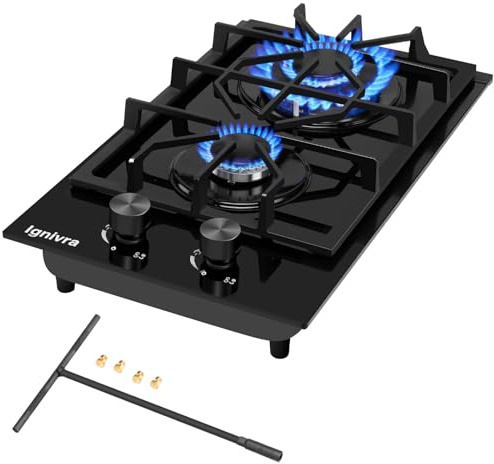 Ignivra Gas Cooktop 2 Burner,12000W Built-in Gas Stove, Black Crystal Tempered Glass Propane Cooktop, 20.08x12.2 Top Propane Stove Indoor LPG/NG Dual Fuel Hob for Apartment Kitchen RV