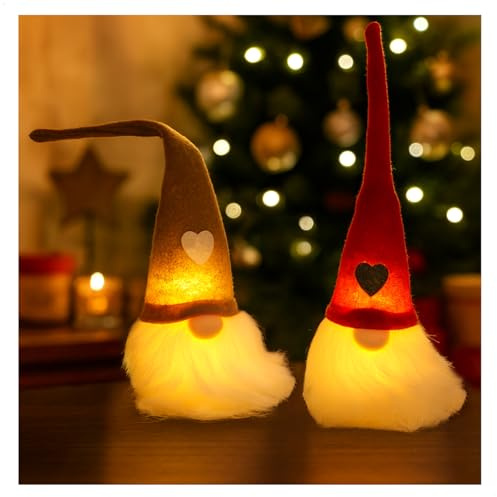 com-four® 2X Wichtel mit LED, Zwerg Aufhänger Rot/Beige, schwedische | skandinavischer Zwerg mit flexibler Draht-Zipfelmütze