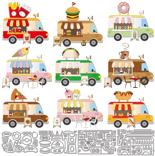 GLOBLELAND Stanzformen mit Foods-Truck-Rahmen für die Kartengestaltung Kaffee Burger Pommes Popcorn Eiscreme Metall-Stanzformen für DIY-Scrapbooking Prägung Fotoalbum Basteldekor