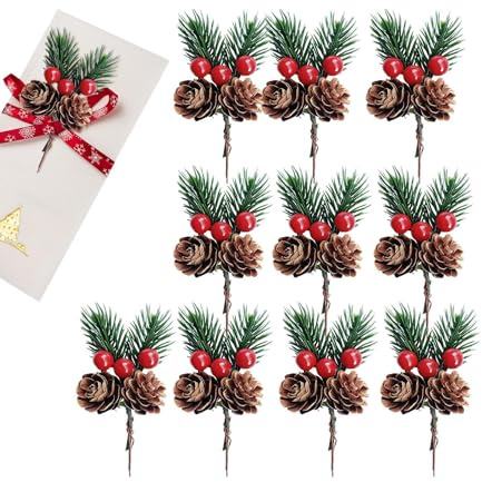 Generico Puntali Di Pino Artificiali – PVC 5x9cm 10 Pezzi | Rametti Di Agrifoglio Con Bacche Rosse Per Natale | Finti Realistici Per Corone, Addobbi Per L'Albero E Composizioni Floreali