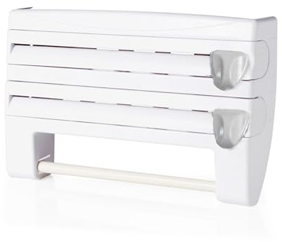 Relaxdays Soporte de Pared 3 en 1, Rollo de Cocina, Aluminio, Film, plástico, 24,5 x 38 x 7,5 cm, Blanco