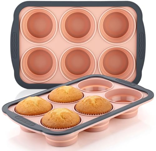 Ferrochef 2 Pack Silicone Muffin Pan for Baking with Metal Frame, Collapsible 6 Cup Cupcake Baking Tray, Nonstick Bpa Free Silicone Muffin Tins for Oven, Dishwasher Safe Foldable Cupcake Molds (Pink)