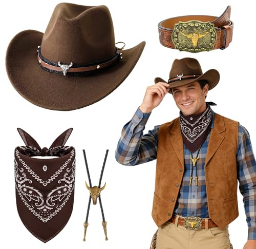 Beamely Cowboy-kostymtillbehörsset, 4-delat western-outfit-kit med brun hatt, paisley-bandana, bälte, bolo-halsband för män cosplay-fest (Brun)