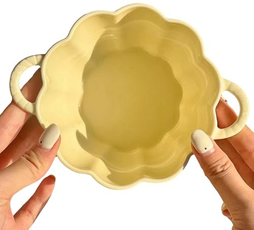 Cuenco de cerámica para sopa de orejas de flores frescas para el hogar, gran capacidad, bonita vajilla, color amarillo leche, 6 pulgadas