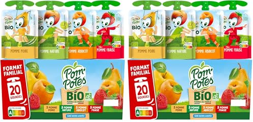 POM'POTES® - Compote Gourde Sans Sucres Ajoutés* - Pomme Nature - Poire - Abricot - Fraise - Pommes Françaises - Source De Fibres - Nutri-Score A - 3 Ans Et Plus - 20 x 90g (Lot de 2)