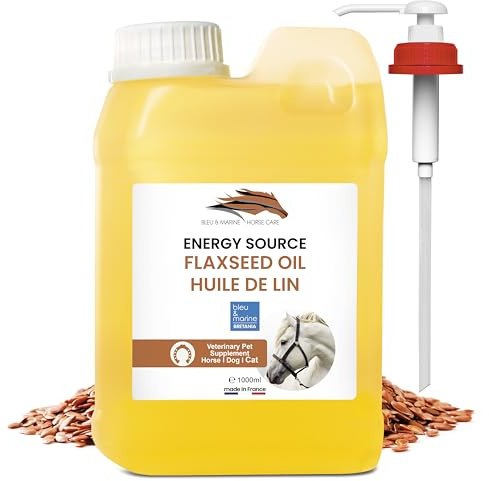 Bleu & Marine Bretania - Huile de Lin 100% Pure, Supplément pour Chevaux, Chiens, Chats | Anti-Inflammatoire, Soins Peau, Pelage, Digestif, 1000 ML Dosage Facile