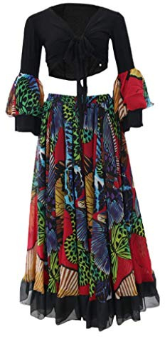 Tubayia Damen Bauchtanz Oberteil Rock Kostüm Set Tanzkostüm Maxi Rock Boho Kleid Tanzrock Tanzkleidung