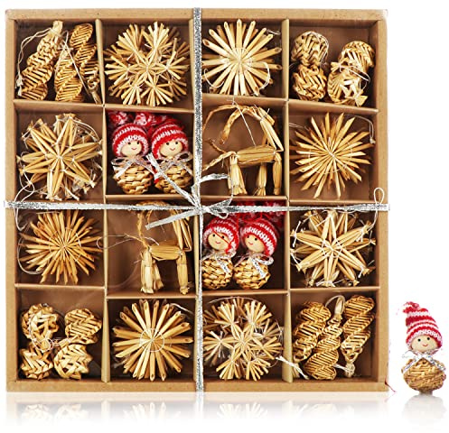 com-four® 56-teiliges Strohsterne Set, Sterne, Glocken, Tannen | und traditionelle Figuren als Christbaum-Schmuck - kleine Stroh-Anhänger als Weihnachtsbaumschmuck - natürlicher