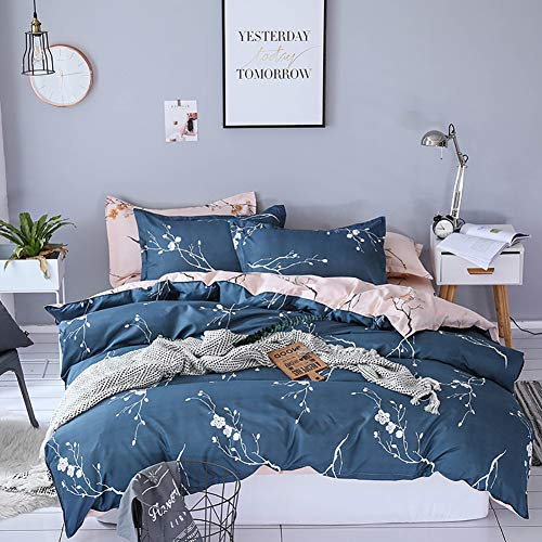 Boqingzhu Bettwäsche 200x220cm Blumen Pflanzen Dunkelblau Rosa Floral Wende Bettwäsche Set Microfaser 1 Bettbezug mit Reißverschluss und 2 Kissenbezüge 80x80cm
