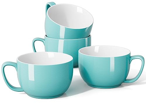 Teocera Suppenschalen mit Griffen, Porzellan, großes Kaffeebecher-Set, Jumbo-Tassen, Suppenschalen, Tassen, 4er-Set für Kaffee, Haferflocken, Eintopf, gestreiftes Design, Türkis