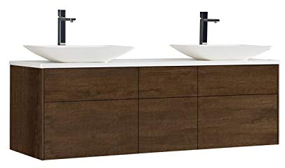 StoneArt Badmöbel Set Mineralguss Waschbecken Waschschale Aufsatzwaschbecken und Unterschrank Waschtisch Einzel- oder Doppelwaschbecken Venice VE-1610pro-1 Eiche dunkel 160cm