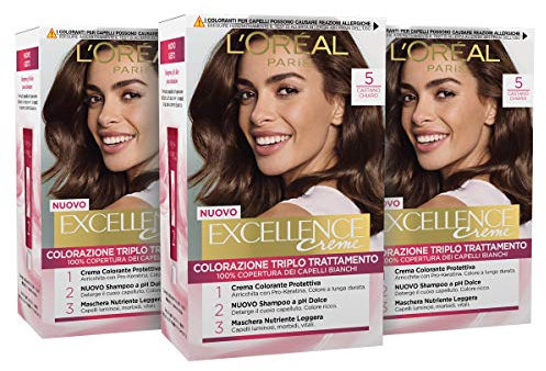 L'Oréal Paris Tinta Capelli Excellence, Copre Il 100% dei Capelli Bianchi, a Lunga Durata, 5 Castano Chiaro, Confezione da 3