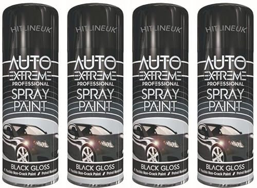 HitlineUK Spray Paint Black, Gloss Black, (4 X 400ml can) Fast Dry, Acrylic Spray Paint for Metal, Wood, Stone, Cardboard and Paper