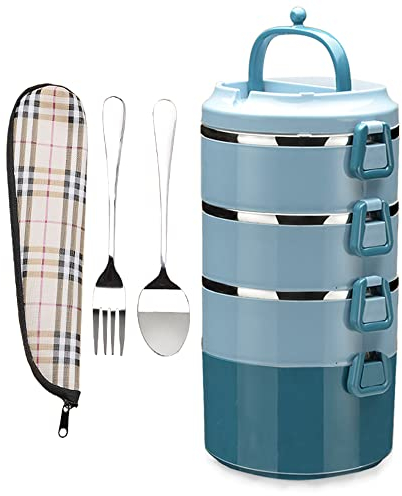 SANQIAHOME Stainless Steel Lunch Box, 2950ml Bento with Spoon Fork,Stackable 4 Layer, Compartments Leak Proof, for Adults Kids Students Office Microwave, Container Meal Prep Containe, Blue