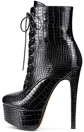 NobleOnly Scarpe col Tacco Donna Plateau Stivali alla Caviglia Cerniera Lacci Polacchine 16CM High Heels Nero Opaco Scarpe EU 45