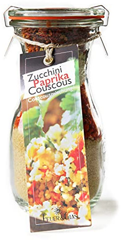 Gourmet Fertigmischung für Zucchini Paprika Couscous Mini ( 250 ml )– Raffinierte Rezeptideen im Glas für leckere Gerichte – Gourmet Gemüsecouscous einfach kochen oder verschenken – von Feuer & Glas
