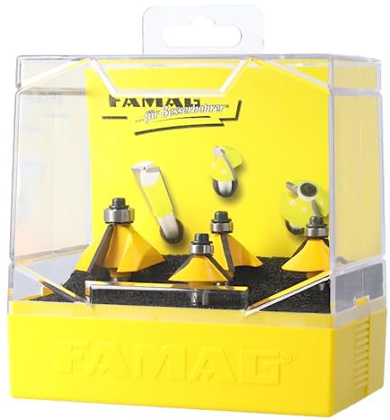 FAMAG 4-teiliges Fasefräser Set HM-bestückt in Kunststoff-Box - 3118.904, Schaft 8mm Durchmesser 28,6 / 36 / 44,5 / 31,8 mit Fase 45 Grad