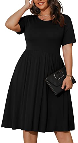 POSESHE Dam-sommarklänning i plusstorlek 2023, avslappnad, kortärmad, Empire-midja, lös passform, swing t-shirtklänning med fickor, B1-svart, 3XL Stor