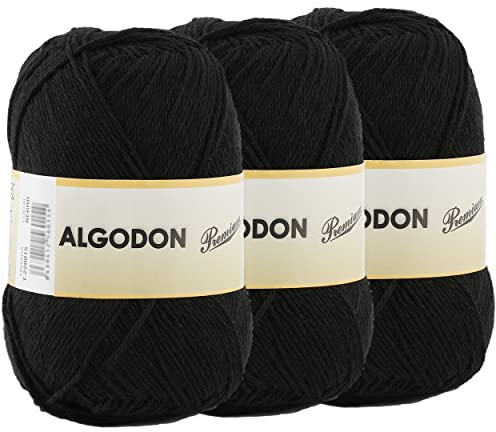 Baumwollgarn 100% Baumwolle 220 Meter zum Stricken und Häkeln, Packung mit 3 x 100g, Farbe Schwarz