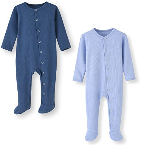 BINIDUCKLING Druckknopf Schlafanzug Mit Fuß, Fäustlings Bündchen - Langarm Strampler Pyjamas für Jungen Mädchen 0-12 Monate, 2er Pack/1er Pack, Baumwolle