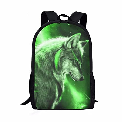 COEQINE School Bag for Kids Student Backpack for 5-19 Years Old Boys Girls Elementary Adjustable Shoulder Bag Print Green Wolf Casual Daypack