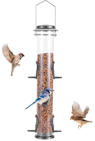 MIXXIDEA Vogelfutterspender aus Metallrohr für den Außenbereich, zum Aufhängen, für Wildvögel, 6 Anschlüsse, hängende Vogelfutterstation, zieht Vögel im Garten, Balkon an (Grau)