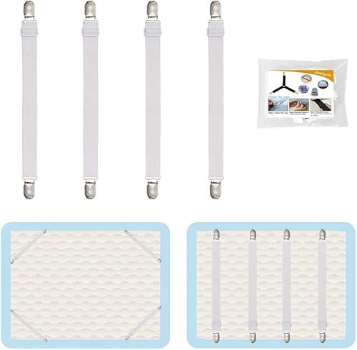 4Pcs Adjustable Bed Sheet Straps Clips, Elastic Mattress Sheet Fasteners Holder and Suspenders, Grippers to Hold Sheet, Mattress, Sofa, Couch, Table Cloth, Recliner Ironing Board Cover and More
