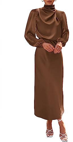BTFBM Womens Mock Neck Satin Dress Summer 2026 Long Sleeve Lightweight Formal Wedding Party Maxi Spring Cocktail Dresses(Khaki, Small)