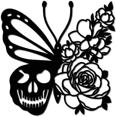 CREATCABIN Totenkopf-Metall-Wandkunst Dekor Schmetterling Blume Schwarze Wandschilder Hängende Metallornament-Skulptur Für Terrasse Balkon Zuhause Wohnzimmer Küche Dekoration Draußen Geschenk 30x30cm