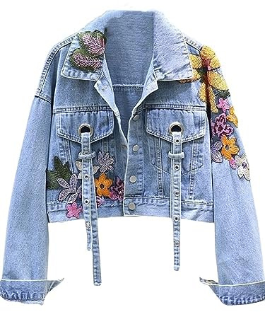 Cazadora Vaquera Mujer,Chaqueta De Mezclilla Para Mujer Con Ajuste Regular Lentejuelas Bordado Floral Chaqueta De Mezclilla Ligera Abrigo Con Botones Casual Chaqueta Recortada De Mezclilla Con Solap