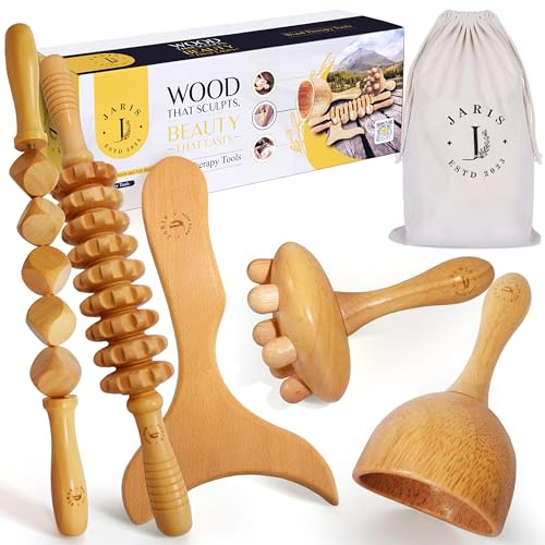 Wood Therapy Massage Tools Kit 5 Pieces – Lymphatic Drainage & Cellulite Massager, Wooden Body Sculpting Rollers, Professional Maderotherapy Set, Wood Massage Tools with QR Guide