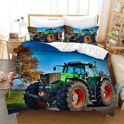 Leleyouzer Traktor Print Bettwäsche Set，3D Traktor Muster Gedruckt Bettbezug für Kinder Jungen,Weich und Bequem Mikrofaser 3 Stück Set mit Zip Verschluss (Traktor 4, 135 x 200 cm)