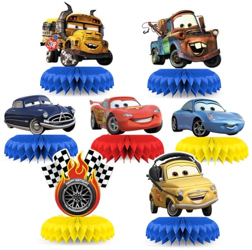 Siphus Tischdekoration Geburtstag Kinder, Kindergeburtstage Party Tischdeko, 7 Stück Cars Party-Tischaufsätze, Cartoon Honeycomb Dekorationen für Geburtstag Mädchen Jungen
