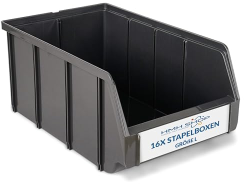 Stapelboxen der Größe L 335x209x152mm für dein Kleinteilelager, Sortierkisten in 5 Farben, Zubehör wie Deckel Trennsteg Beschriftungsfach Wandschiene (Grau-Anthrazit, 16 Stück)
