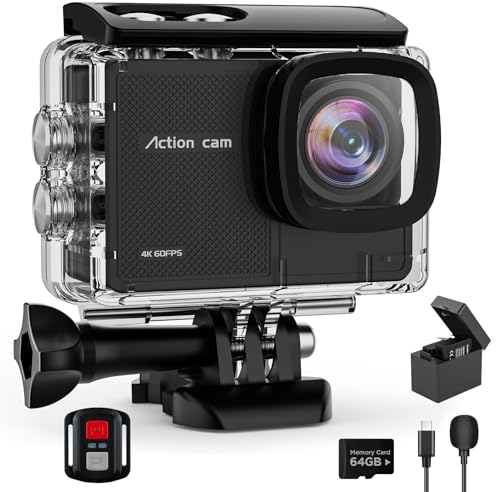 4K Action Camara Waterproof with 64G Crad- 60FPS 48MP HD WIFI Camera with EIS 40M Underwater Camera 170°Wide Angle Sports Camera with 2.4G Remote Control 2 Batteries Helmet Mount Accessories Kits