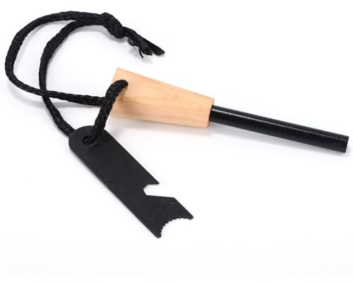 Pwocvoe Survival Fire Steel, Flint and Steel, Flint Striker Steel Fire Starter Kit, Magnesium Torch Lighter Stick Wooden Handle Steel Scraper with Bottle Opener Outdoor Camping Survival Tool