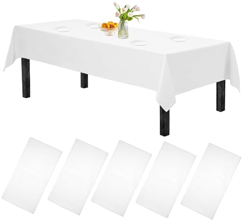 5 Piezas Mantel Desechable, 137 cm x 274 cm Mantel Blanco Plastico Mesa Rectangular, Manteles de Plástico Desechables, Manteles Blancos para Eventos, Mantel Impermeable para Cumpleaños, Boda, Fiesta