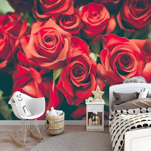 Fototapeten Rot - Pflanzen mit Valentinstagsblumen - Vlies Wandbilder eignen sich zur Dekoration von Wohnzimmern Schlafzimmern Küchen und Kinderzimmern 300 x 210 cm