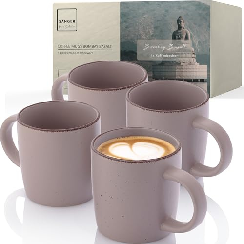 SÄNGER Bombay Basalt Kaffeebecher 4 teilig, Steingut Tassen Set | für 4 Personen, Tassen, spülmaschinen- mikrowellenfest, Coffee Mug Teetasse, Kaffeetassen lila 360 ml
