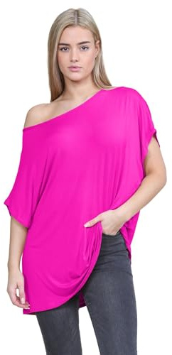 Janisramone Women's Batwing Short Sleeve Off The Shoulder Top, Bardot Baggy Style T Shirt for Casual & Party Wear, [Multiple]