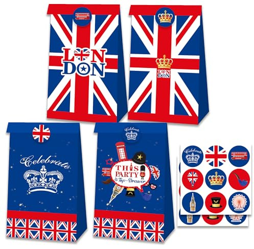 12 Packs Union Jack Party Paper Party Bags, British Gift Bags Uk Flag Flag kraft Gift Bag with Stickers for 2025 VE DAY 80th Anniversary Decorations,Union Jack Party Supplies ﻿
