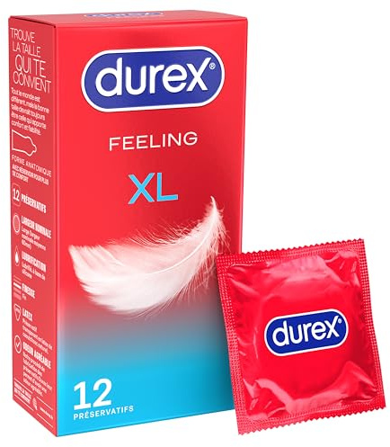 Durex FEELING XL - 12 Préservatifs Fins et Extra Larges pour Homme, Largeur nominale 60mm